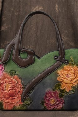 Boho Red Chrysanthemum Jacquard Patchwork Calf Leather Tote Handbag