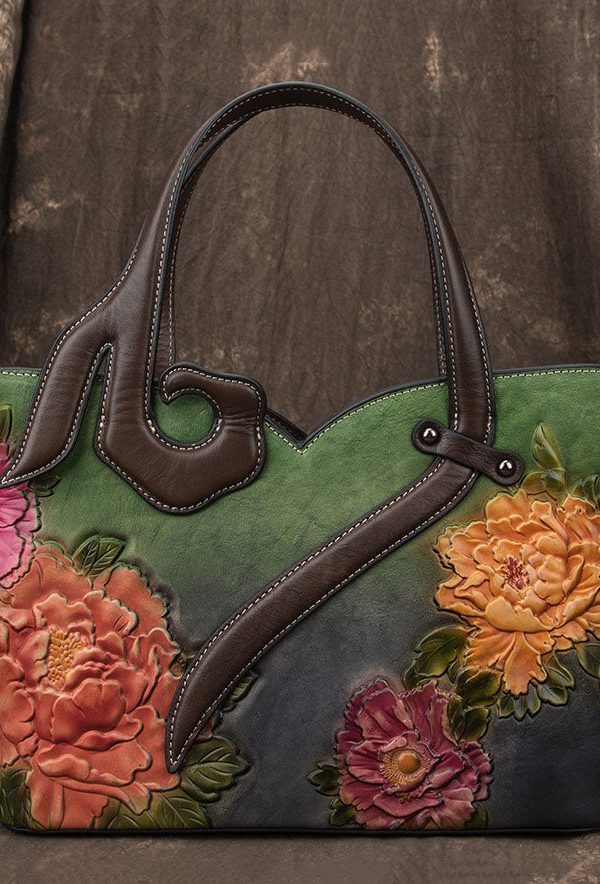 Boho Red Chrysanthemum Jacquard Patchwork Calf Leather Tote Handbag