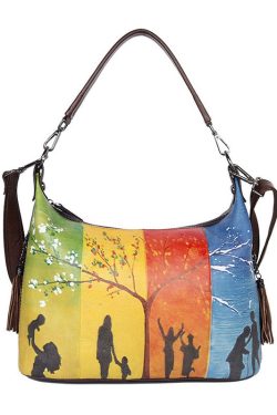 Boho Yellow character Paitings Calf Leather Tote Handbag