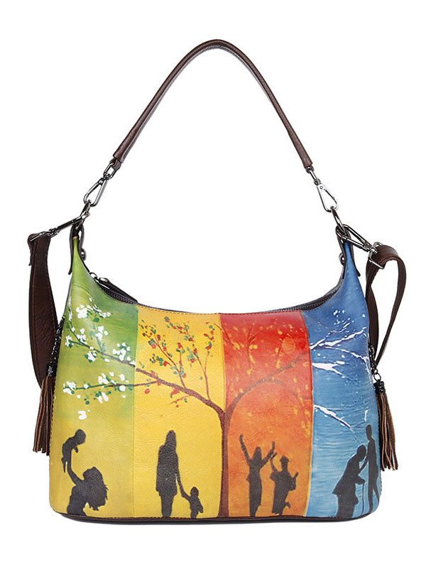 Boho Yellow character Paitings Calf Leather Tote Handbag