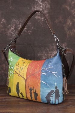 Boho Yellow character Paitings Calf Leather Tote Handbag