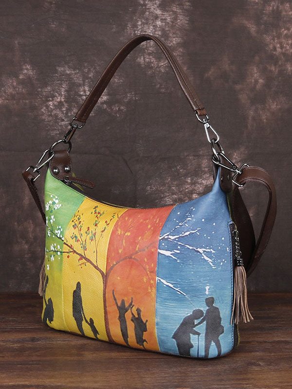 Boho Yellow character Paitings Calf Leather Tote Handbag