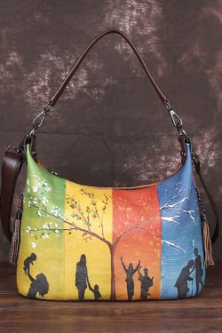 Boho Yellow character Paitings Calf Leather Tote Handbag