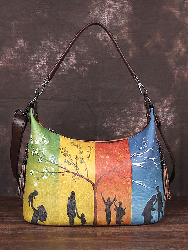 Boho Yellow character Paitings Calf Leather Tote Handbag