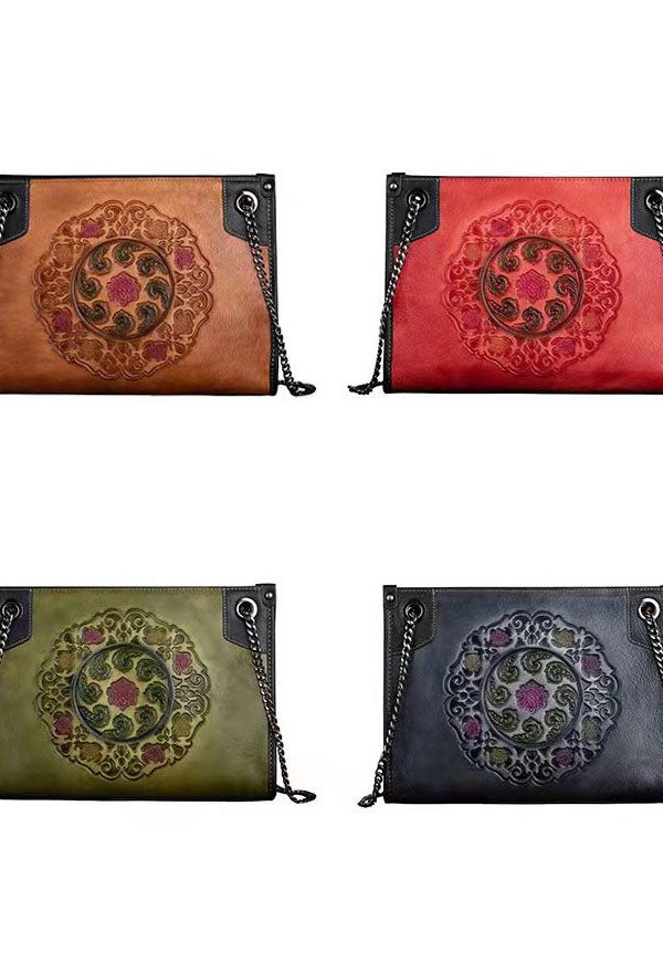 Boho Yellow Embossing Paitings Calf Leather Satchel Handbag