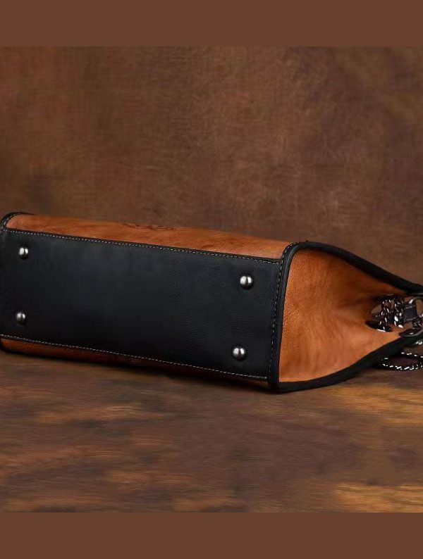 Boho Yellow Embossing Paitings Calf Leather Satchel Handbag