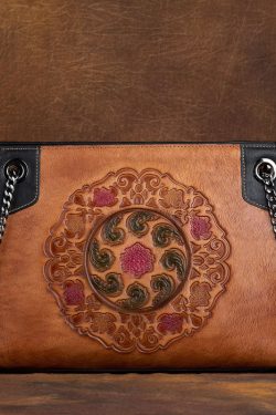 Boho Yellow Embossing Paitings Calf Leather Satchel Handbag