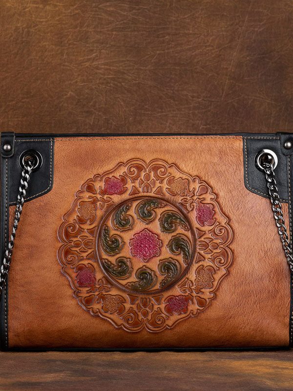 Boho Yellow Embossing Paitings Calf Leather Satchel Handbag