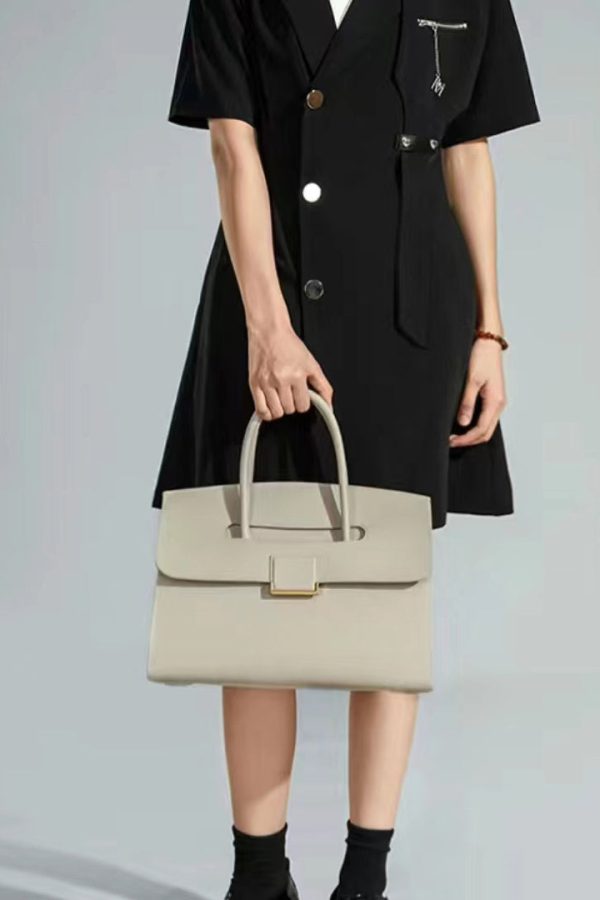 Boutique Beige Solid Durable Calf Leather Tote Handbag