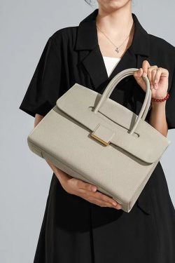 Boutique Beige Solid Durable Calf Leather Tote Handbag