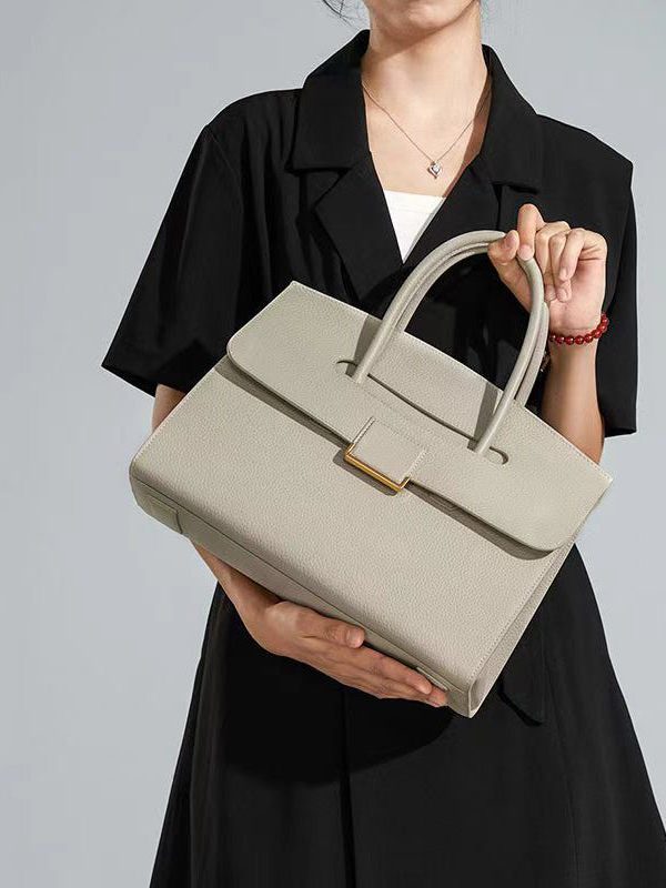 Boutique Beige Solid Durable Calf Leather Tote Handbag