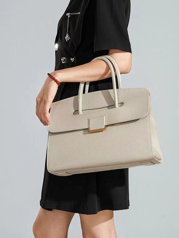 Boutique Beige Solid Durable Calf Leather Tote Handbag