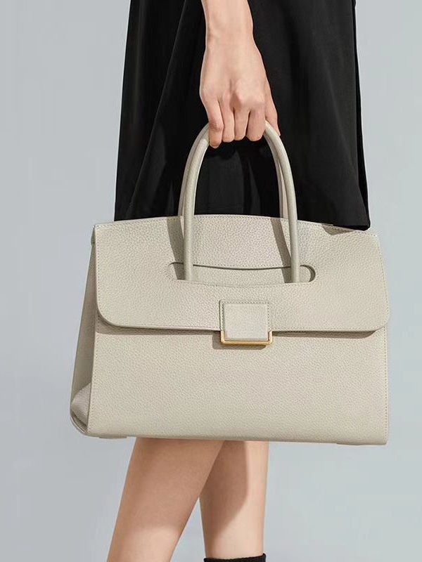 Boutique Beige Solid Durable Calf Leather Tote Handbag