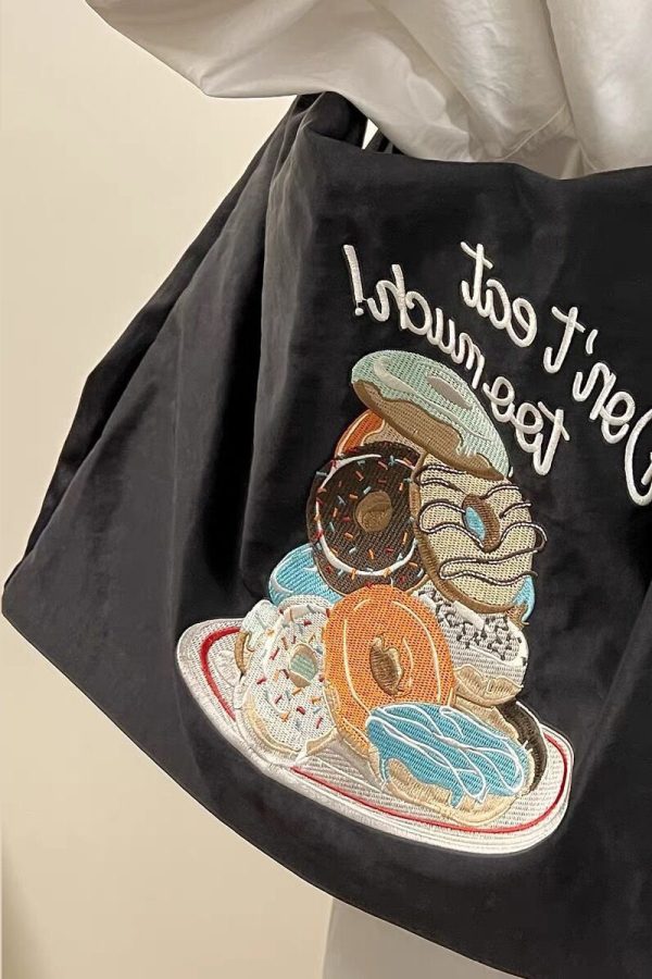 Boutique Black Embroidery Large Capacity Canvas Satchel Bag Handbag