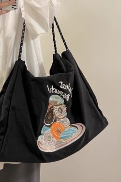 Boutique Black Embroidery Large Capacity Canvas Satchel Bag Handbag