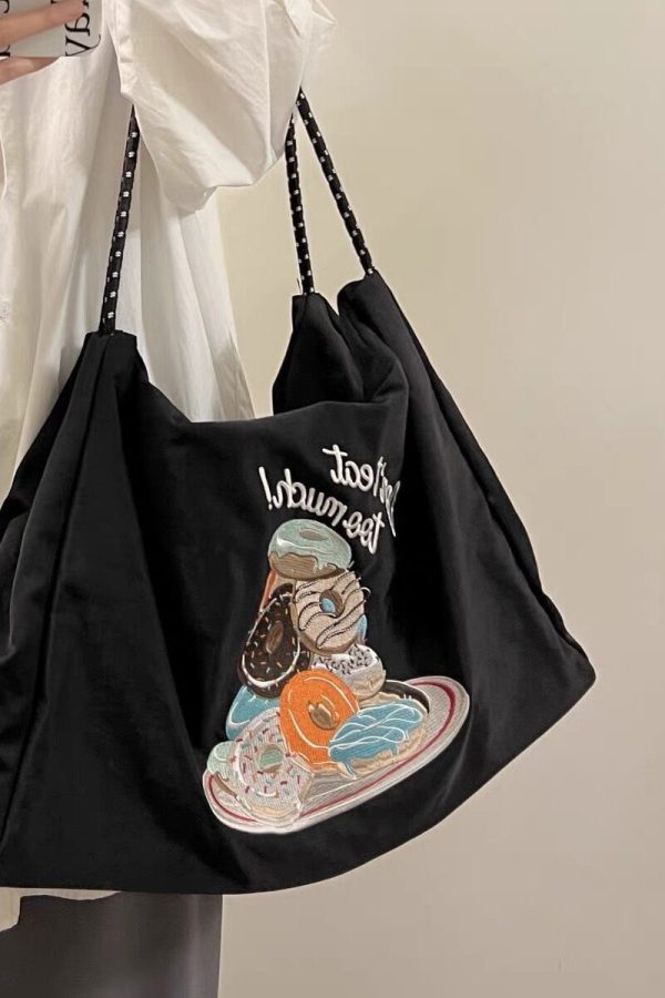 Boutique Black Embroidery Large Capacity Canvas Satchel Bag Handbag