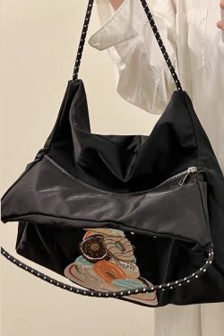 Boutique Black Embroidery Large Capacity Canvas Satchel Bag Handbag