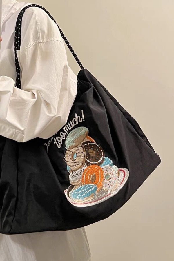 Boutique Black Embroidery Large Capacity Canvas Satchel Bag Handbag