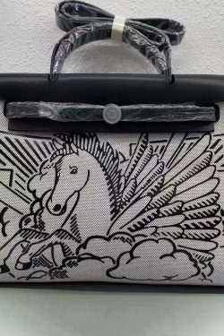 Boutique Black Horse Calf Leather Patchwork Canvas Tote Handbag