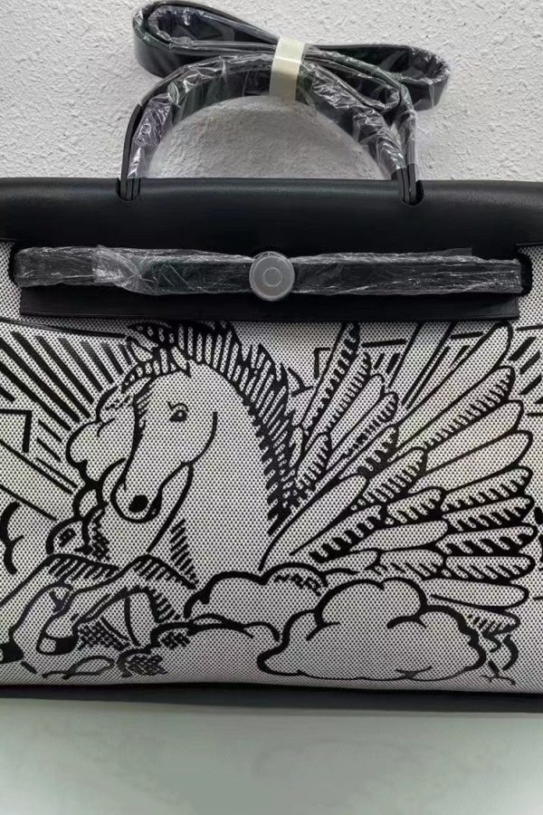 Boutique Black Horse Calf Leather Patchwork Canvas Tote Handbag