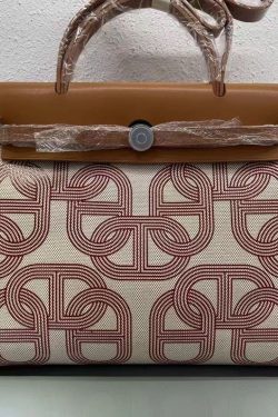 Boutique Black Horse Calf Leather Patchwork Canvas Tote Handbag