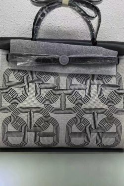 Boutique Black Horse Calf Leather Patchwork Canvas Tote Handbag