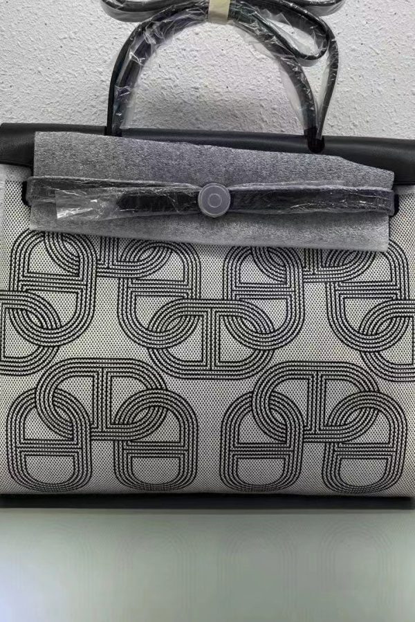 Boutique Black Horse Calf Leather Patchwork Canvas Tote Handbag