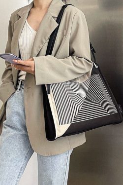 Boutique Black Striped Print Canvas Tote Handbag