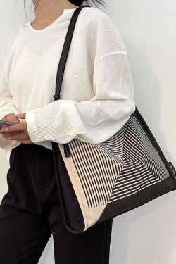 Boutique Black Striped Print Canvas Tote Handbag