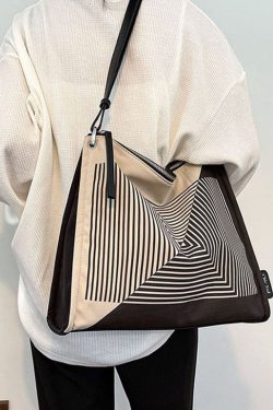 Boutique Black Striped Print Canvas Tote Handbag