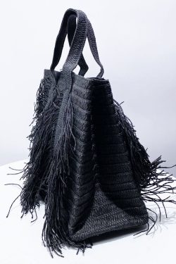 Boutique Black Tasseled Weave Faux Leather Tote Handbag