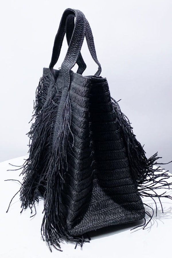 Boutique Black Tasseled Weave Faux Leather Tote Handbag