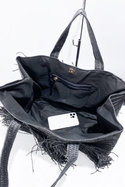 Boutique Black Tasseled Weave Faux Leather Tote Handbag