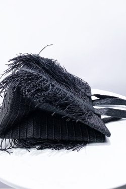 Boutique Black Tasseled Weave Faux Leather Tote Handbag