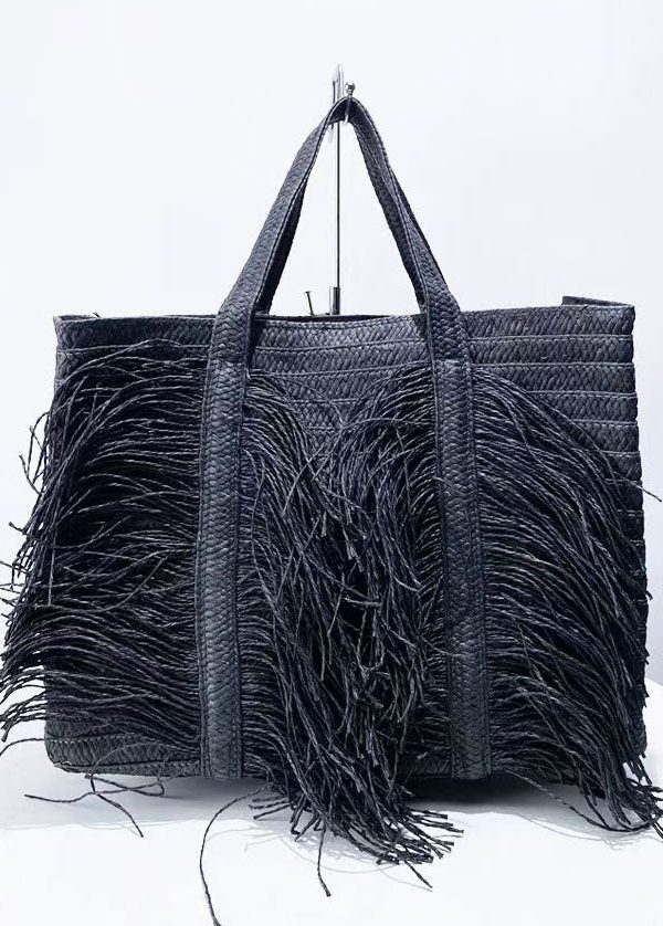 Boutique Black Tasseled Weave Faux Leather Tote Handbag
