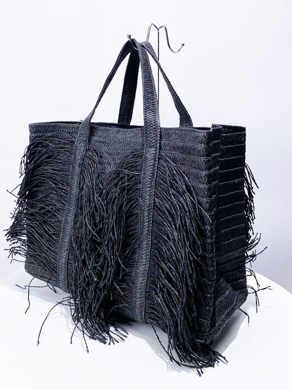 Boutique Black Tasseled Weave Faux Leather Tote Handbag