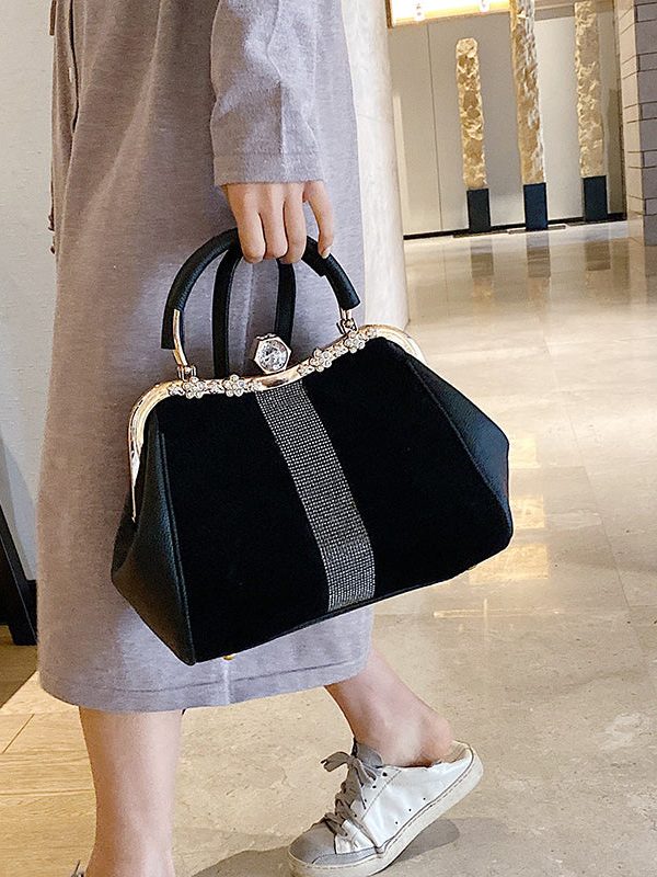 Boutique Black Zircon Patchwork Faux Leather Tote Handbag