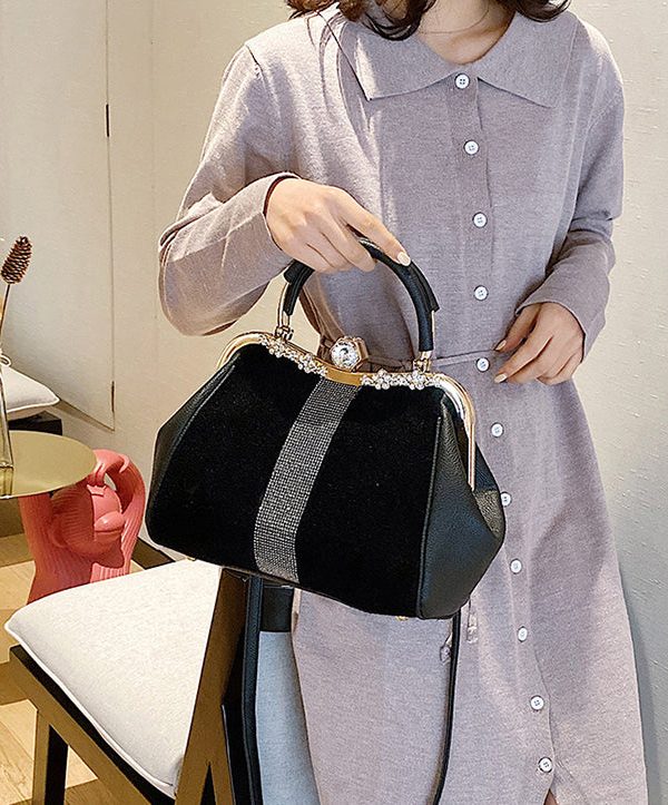 Boutique Black Zircon Patchwork Faux Leather Tote Handbag