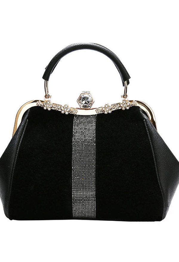 Boutique Black Zircon Patchwork Faux Leather Tote Handbag