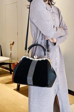 Boutique Black Zircon Patchwork Faux Leather Tote Handbag