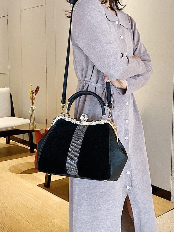 Boutique Black Zircon Patchwork Faux Leather Tote Handbag