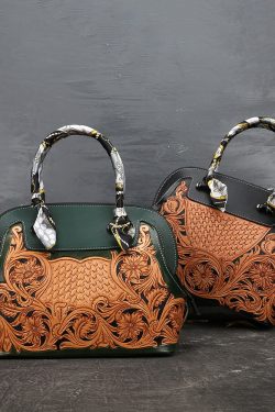Boutique Blackish Green Print Patchwork Calf Leather Tote Handbag