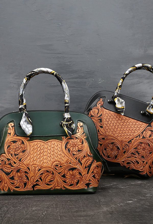 Boutique Blackish Green Print Patchwork Calf Leather Tote Handbag