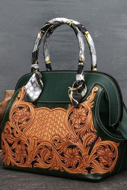 Boutique Blackish Green Print Patchwork Calf Leather Tote Handbag