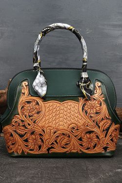 Boutique Blackish Green Print Patchwork Calf Leather Tote Handbag