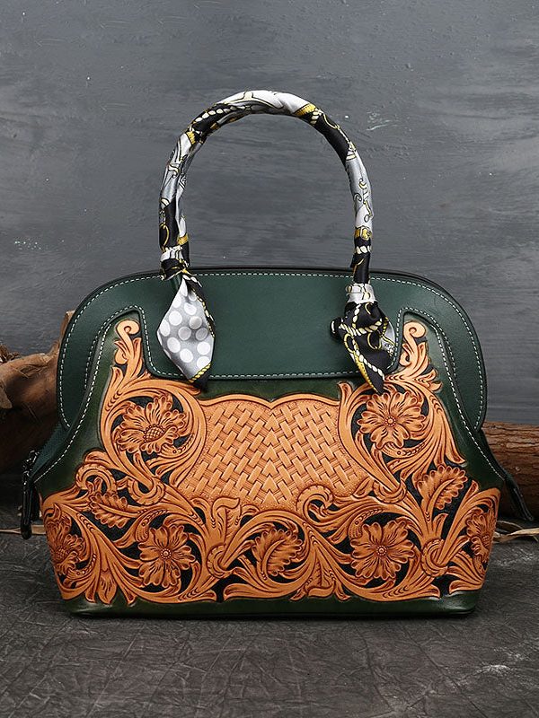 Boutique Blackish Green Print Patchwork Calf Leather Tote Handbag