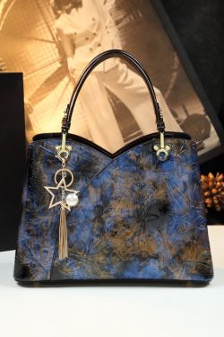 Boutique Blue Embossed Durable Calf Leather Tote Handbag