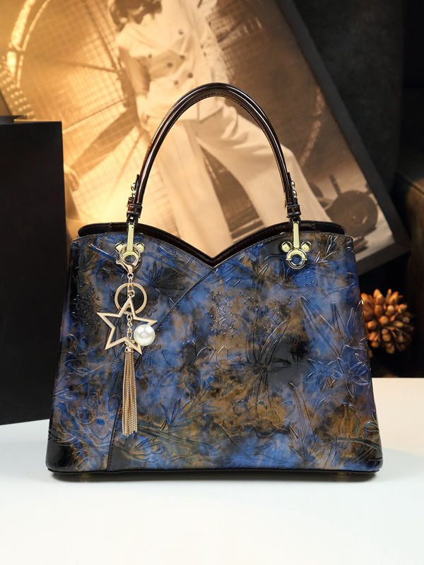 Boutique Blue Embossed Durable Calf Leather Tote Handbag
