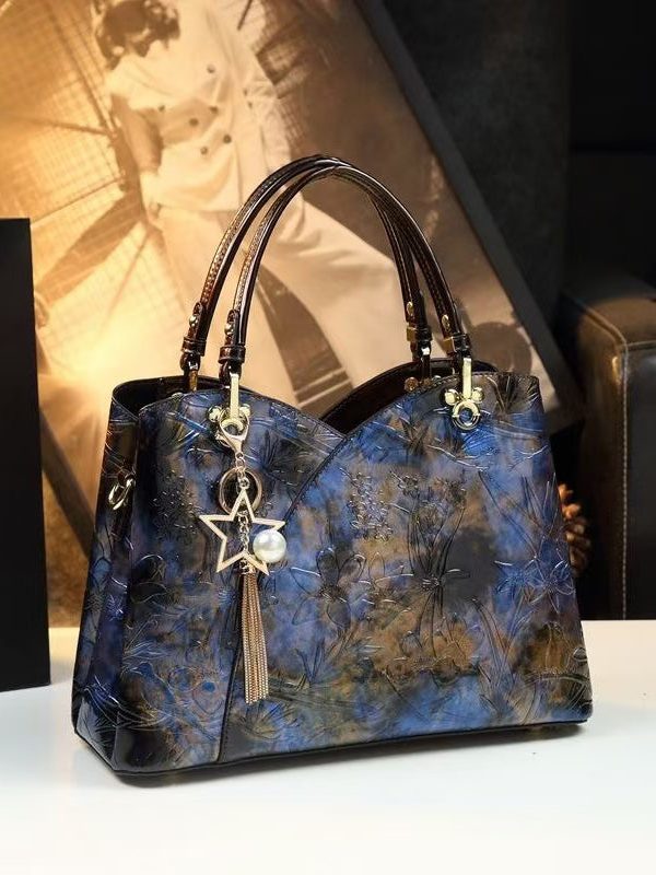 Boutique Blue Embossed Durable Calf Leather Tote Handbag