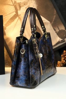 Boutique Blue Embossed Durable Calf Leather Tote Handbag